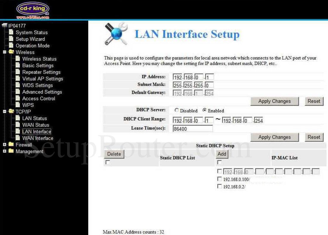 CDRKing IP04177 Screenshot LAN Interface Setup