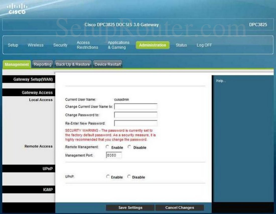 Cisco DPC3825 Screenshot Management
