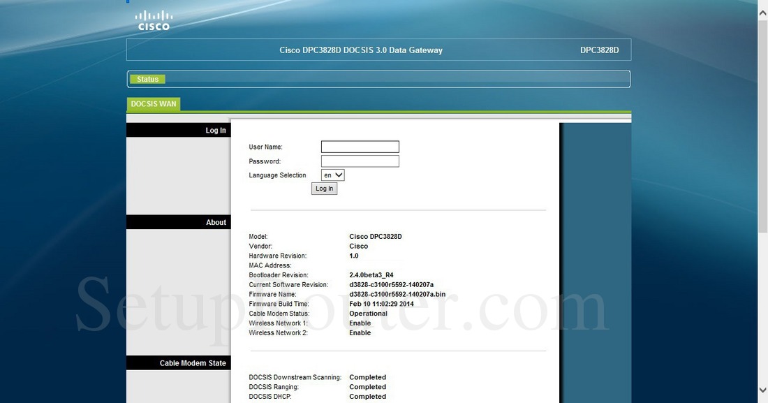 Cisco DPC3828D Screenshot Login