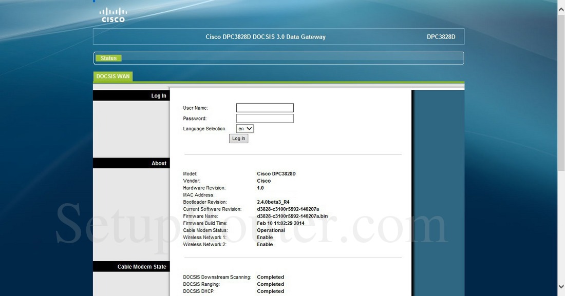 Cisco DPC3828D Screenshot Login Cisco DPC3828D Screenshot Login