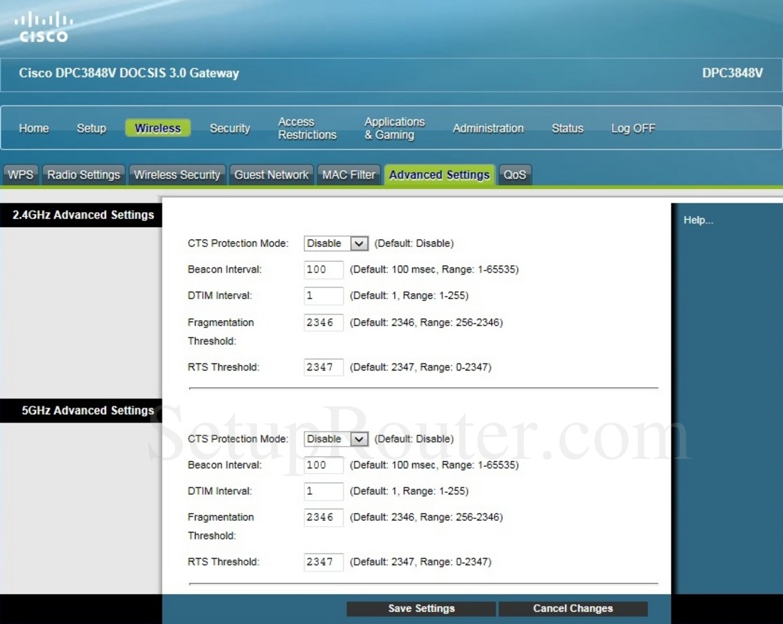 Cisco DPC3848V Screenshot WirelessAdvancedSettings