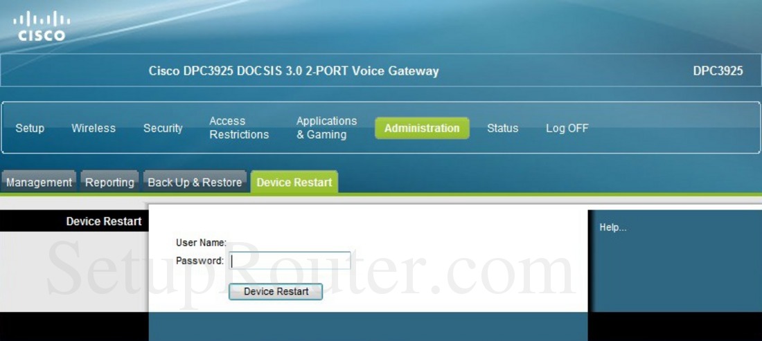 cisco dpc3925 device restart password