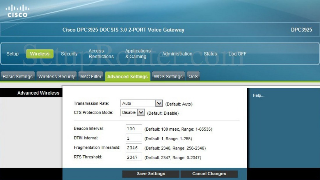 Cisco DPC3925 Screenshot WirelessAdvancedSettings