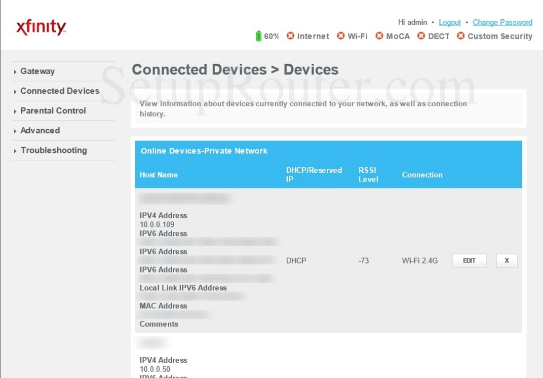 Cisco DPC3939 XFINITY Screenshot ConnectedDevices