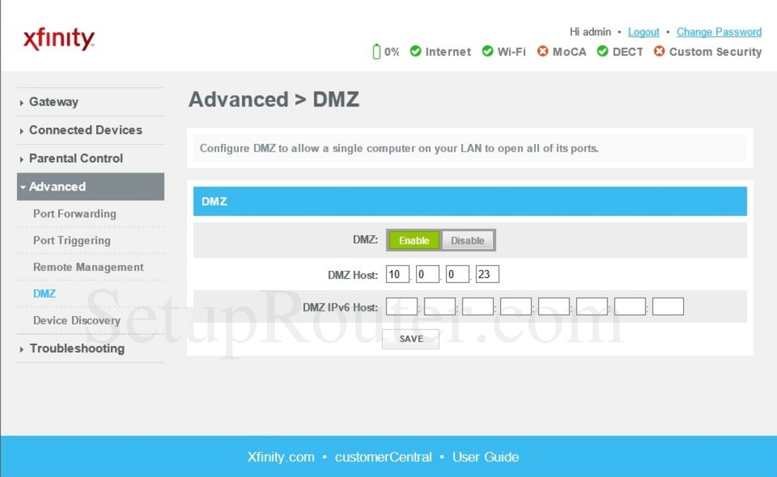 Cisco DPC3939 XFINITY Screenshot DMZ