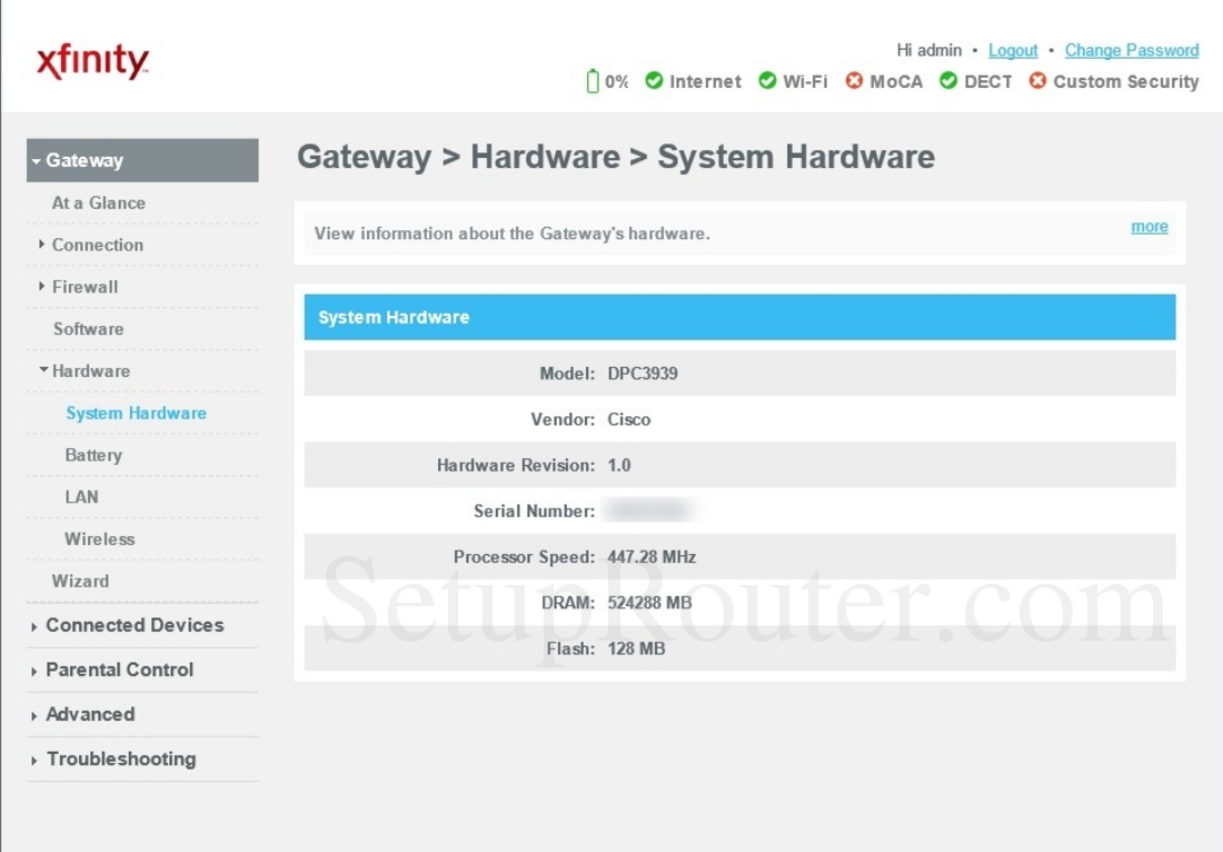 Cisco DPC3939 XFINITY Screenshot SystemHardware