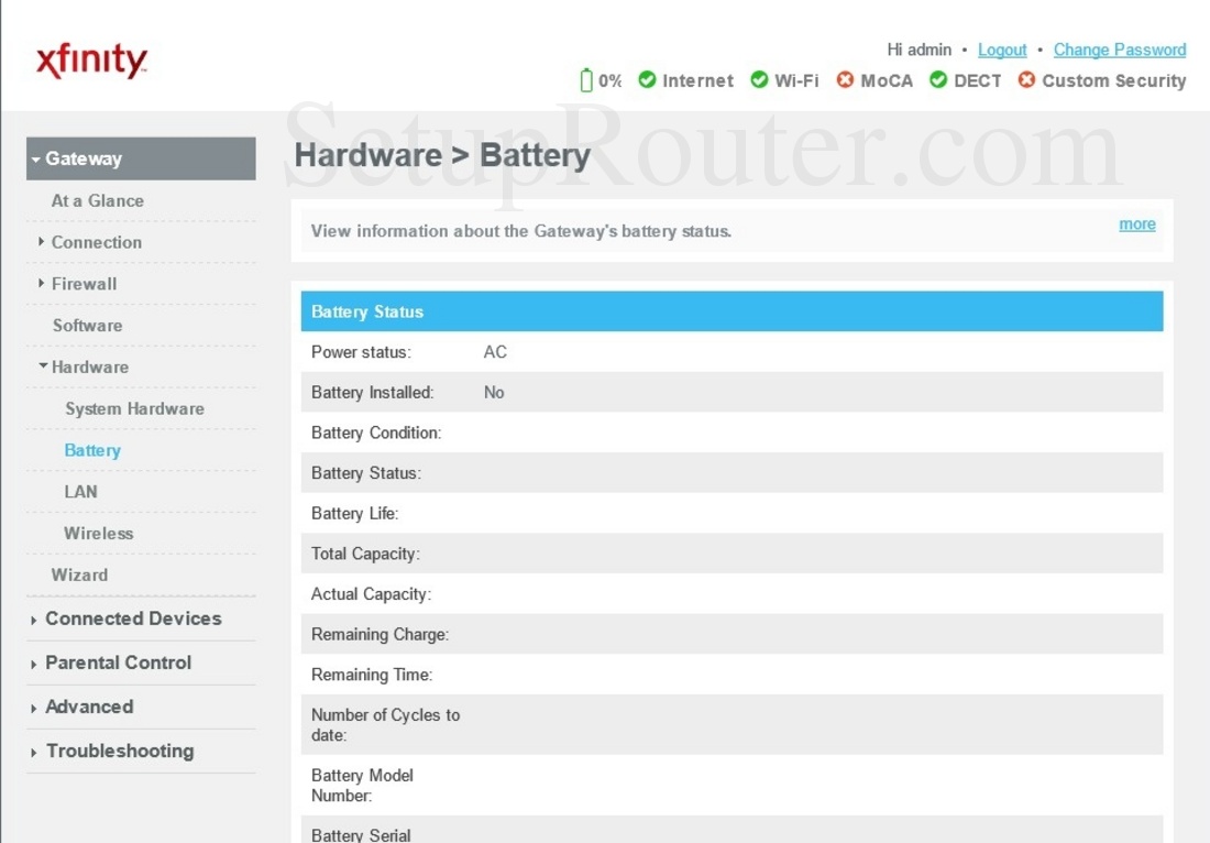 Cisco DPC3939 XFINITY Screenshot BatteryStatus