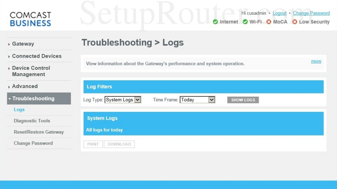 Cisco DPC3941B Screenshot Logs