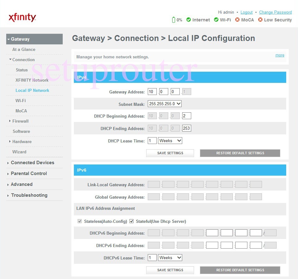 How to change the IP Address on a Cisco DPC20T XFINITY router
