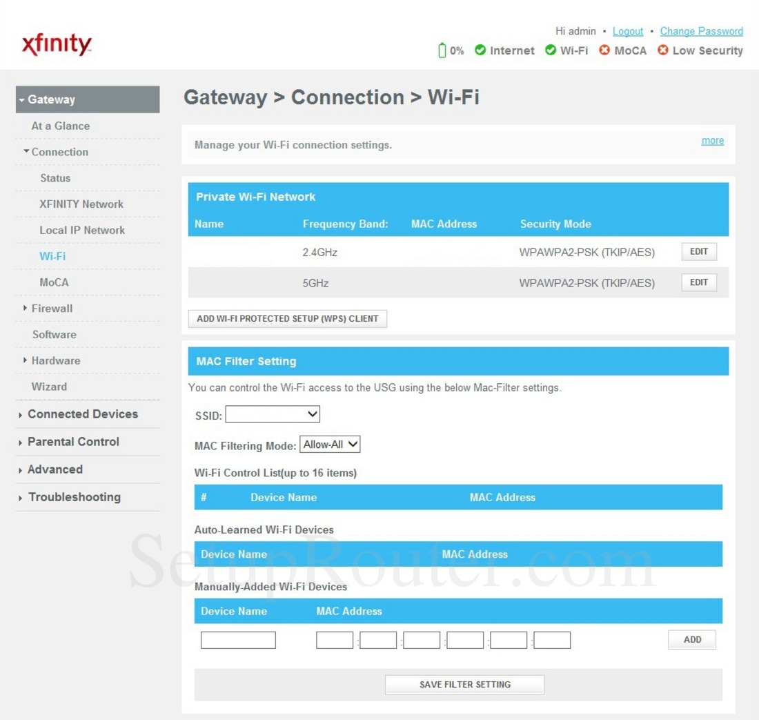 Cisco DPC3941T XFINITY Screenshot WiFiConnection