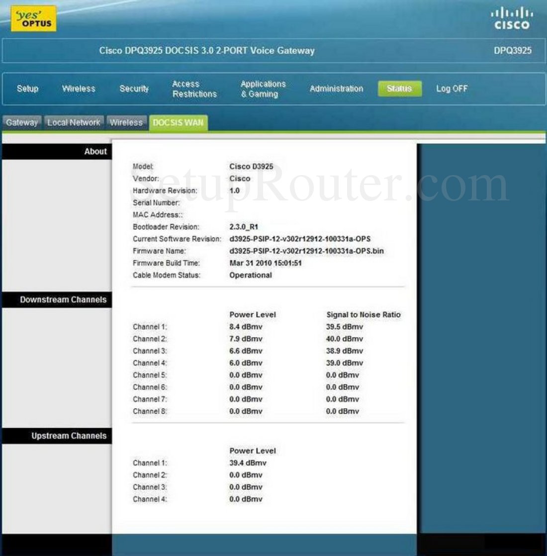 Cisco DPQ3925 Screenshot DOCSIS WAN