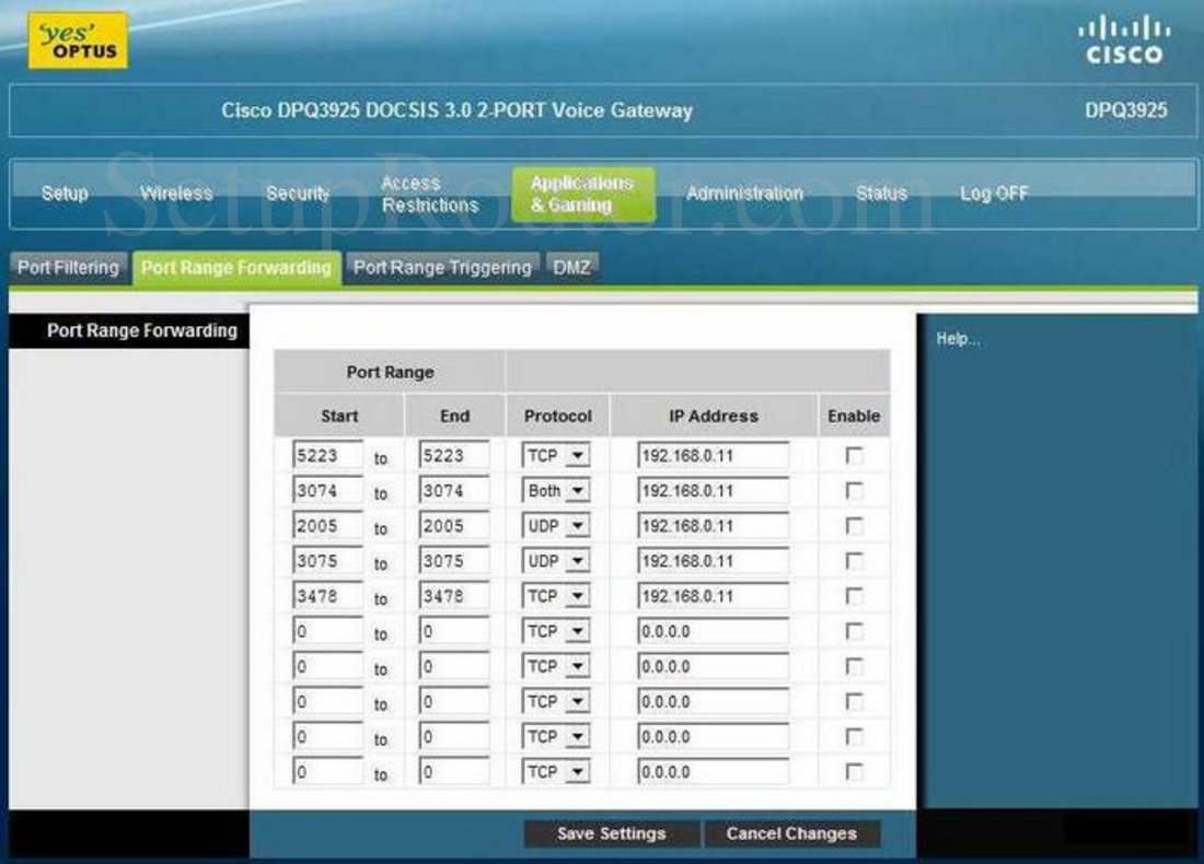 Cisco DPQ3925 Screenshot Port Range Forwarding