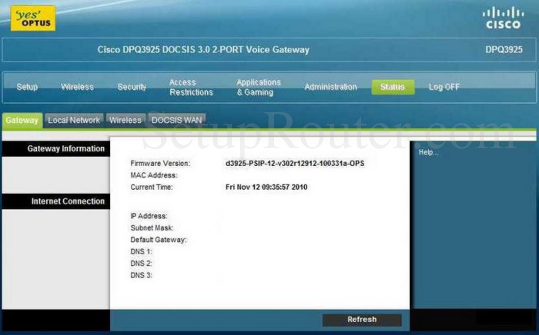 Cisco DPQ3925 Screenshot Gateway Information