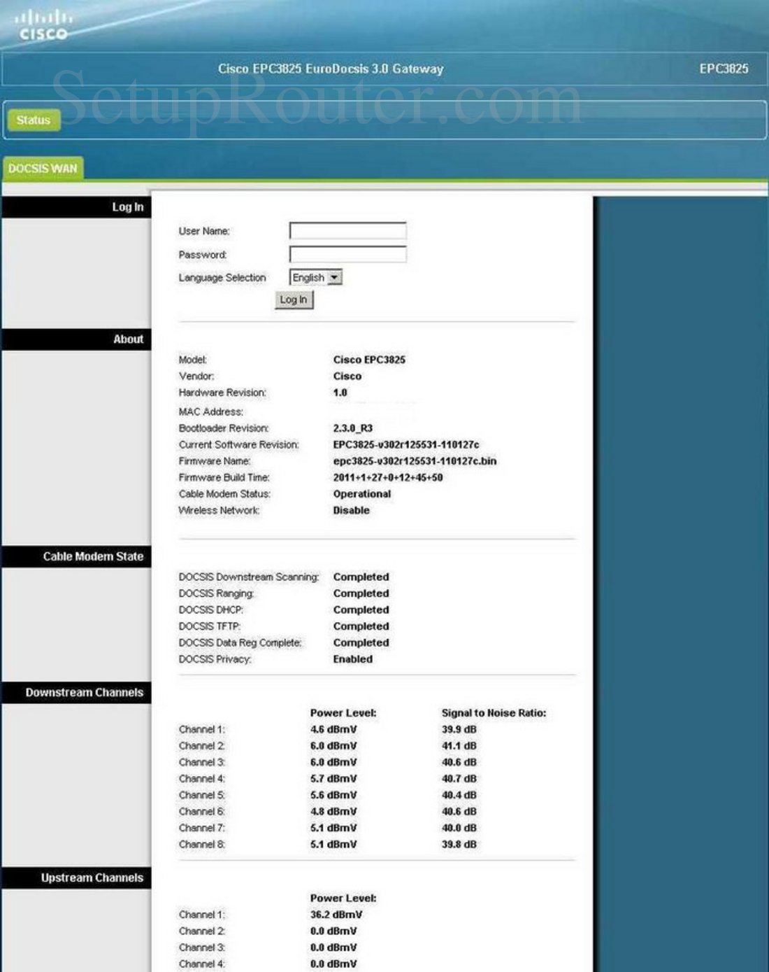 Cisco EPC3825 Screenshot Login