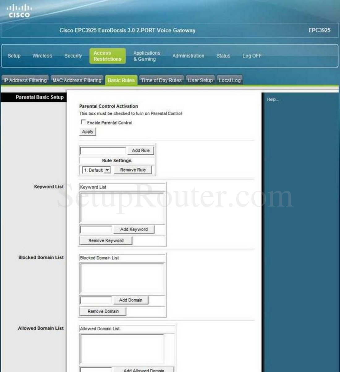 Cisco EPC3925 Screenshot Access Restrictions Basic Rules