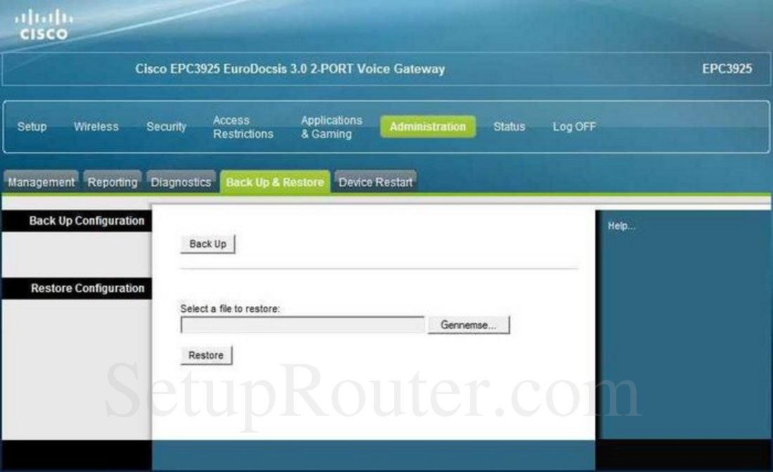 Cisco EPC3925 Screenshot Administration Backup and Restore