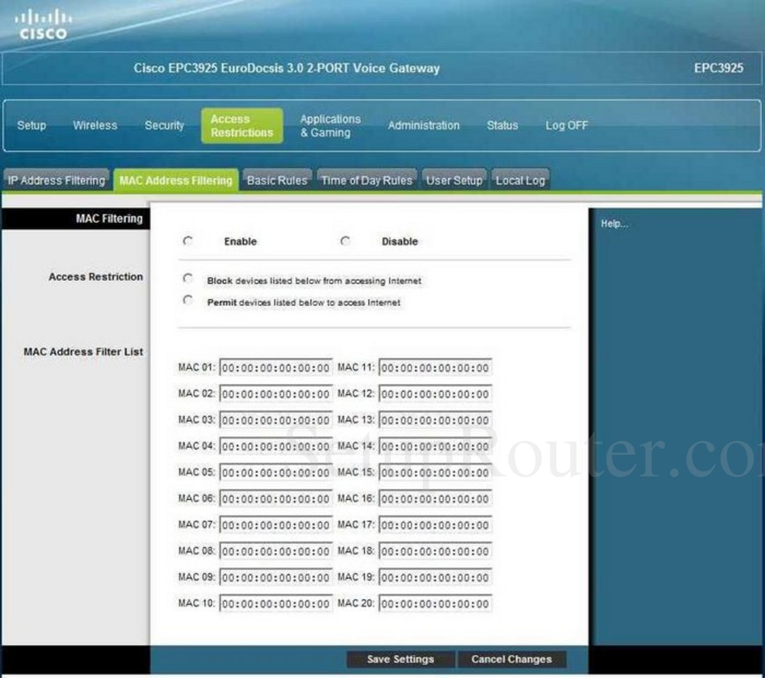 Cisco EPC3925 Screenshot Access Restrictions MAC Address Filtering