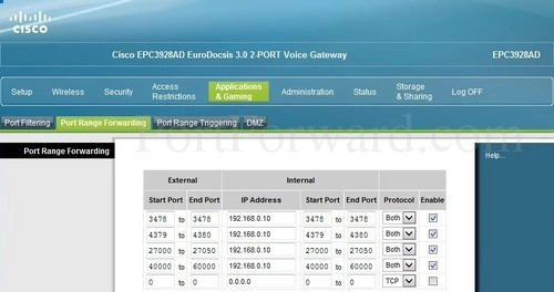Cisco EPC3928AD Port Range Forwarding