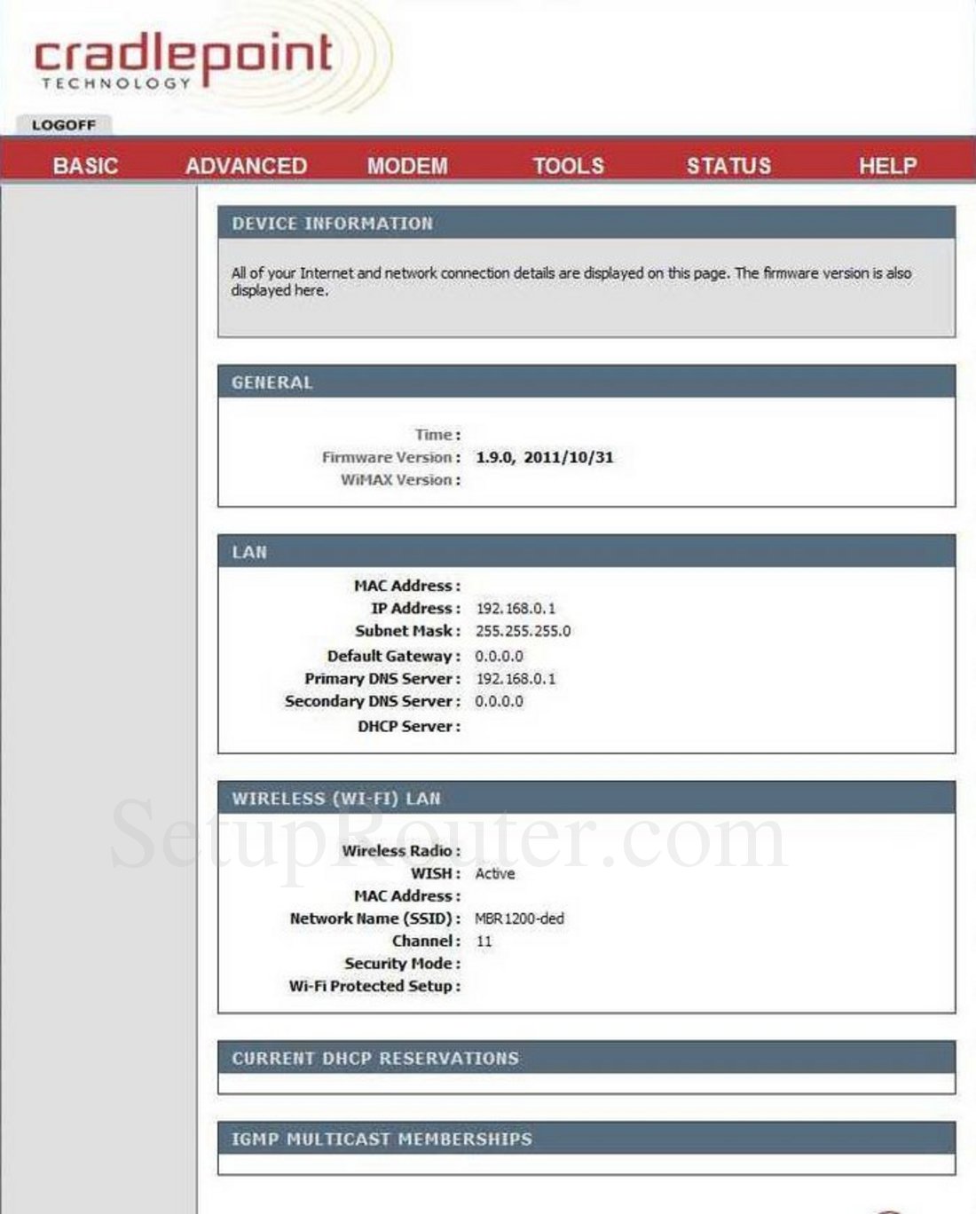 Cradlepoint MBR1200 Screenshot Device Information