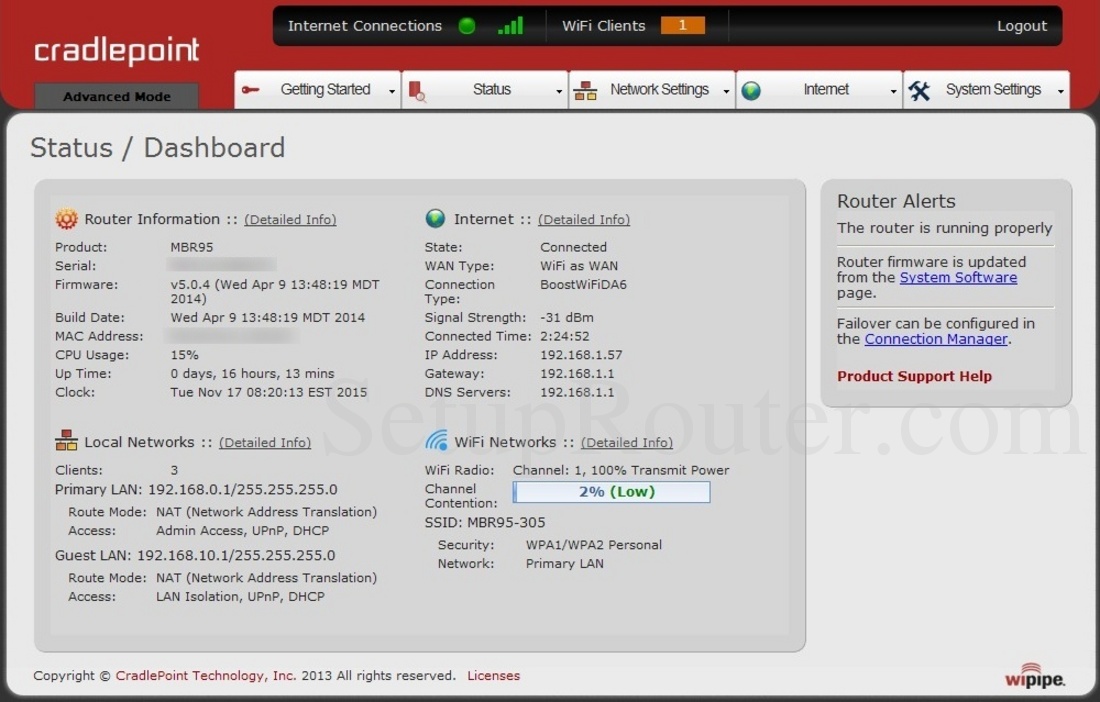 Cradlepoint MBR95 Screenshot StatusDashboard