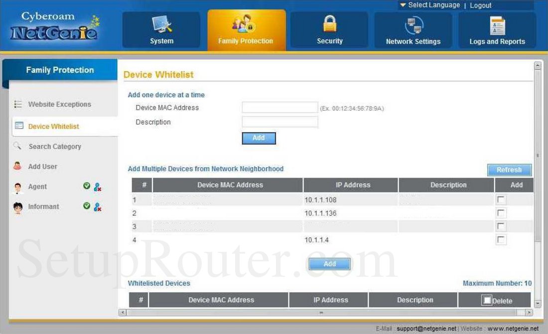 Cyberoam NetGenie Screenshot Device Whitelist