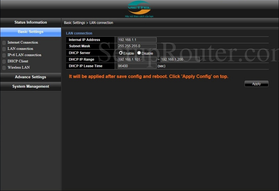 Dasan H640DW Viettel Screenshot LANConnection