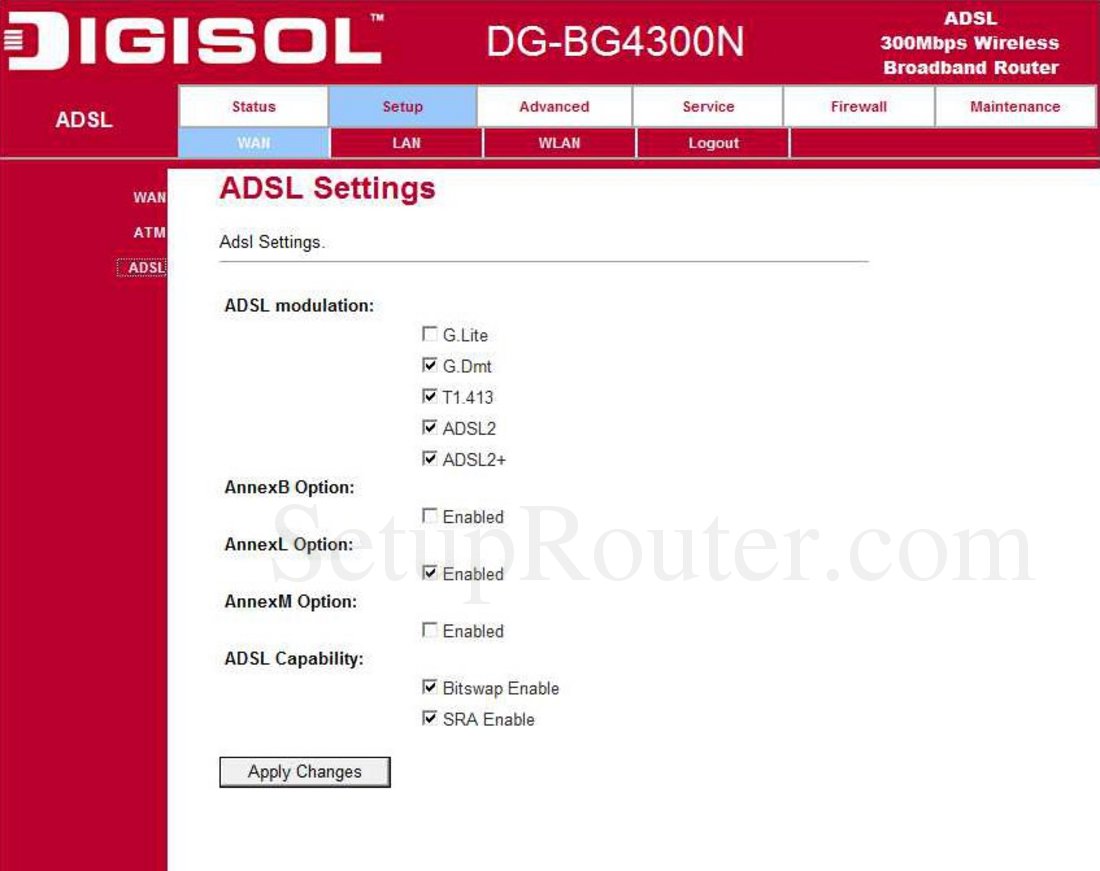 Digisol DGBG4300N Screenshot ADSL Settings