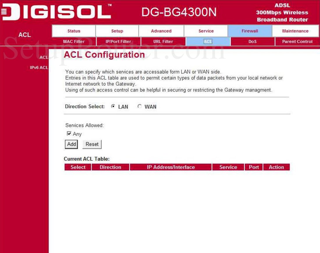 Digisol DGBG4300N Screenshot ACL Configuration