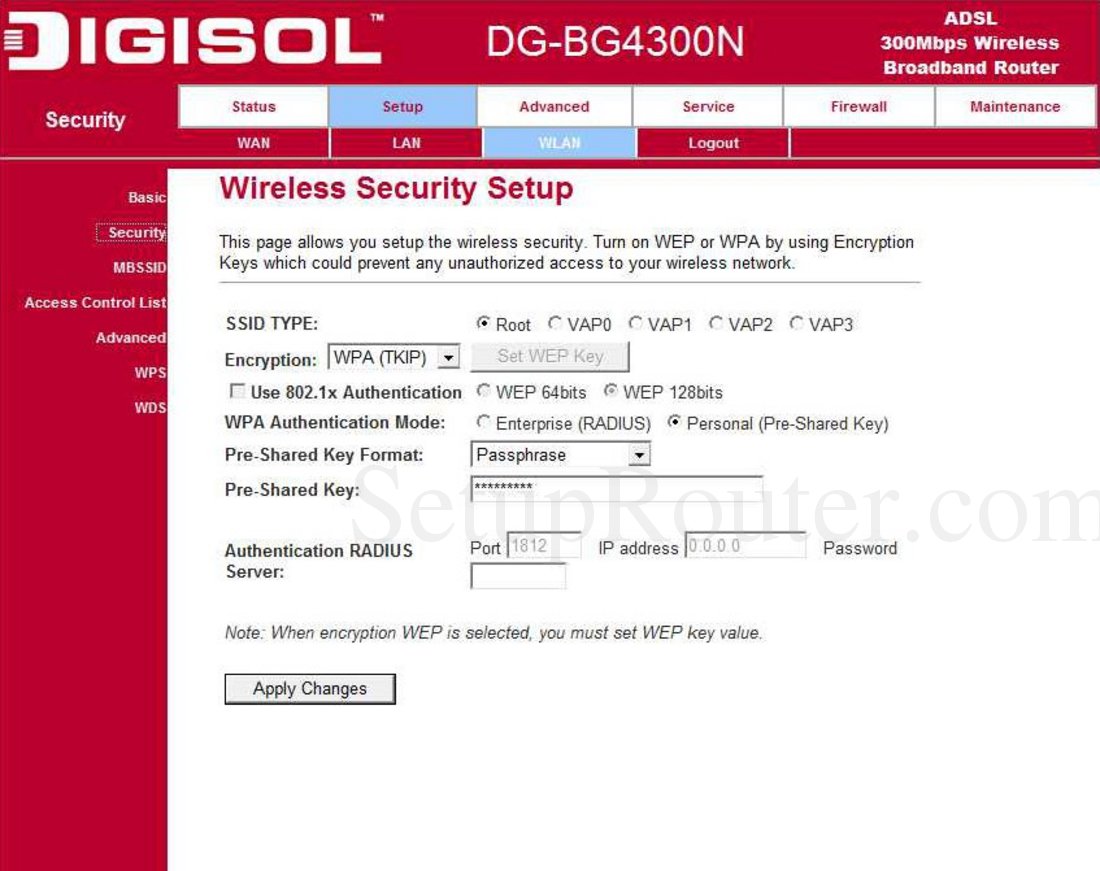 Digisol DGBG4300N Screenshot Wireless Security Setup