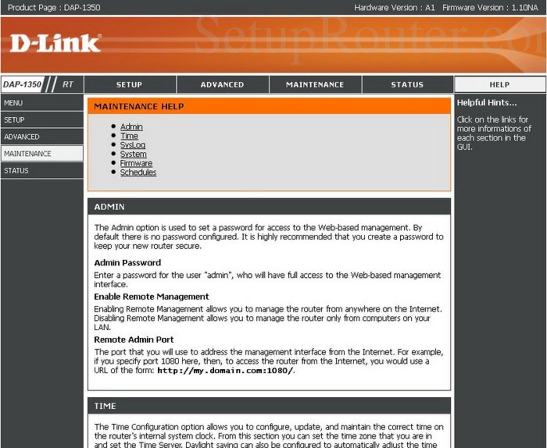 Dlink DAP-1350 Screenshot Maintenance Help