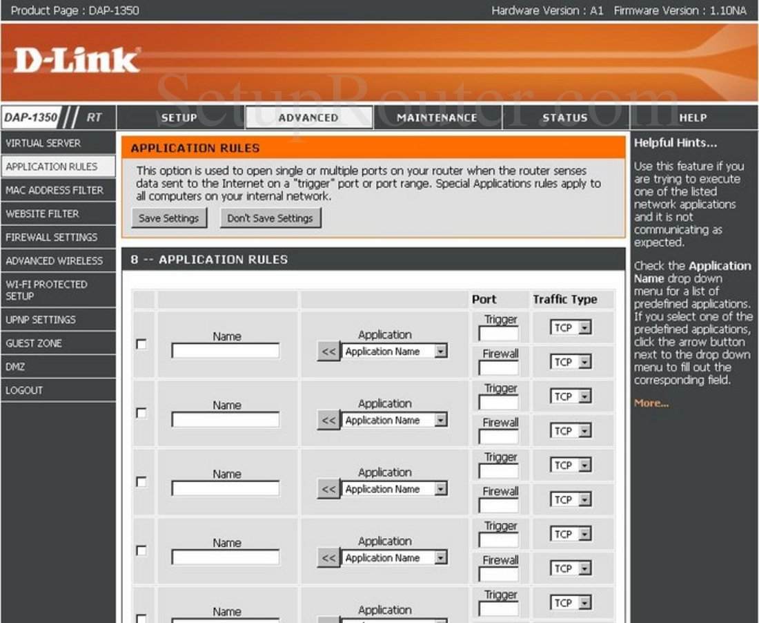 Dlink DAP-1350 Screenshot Application Rules
