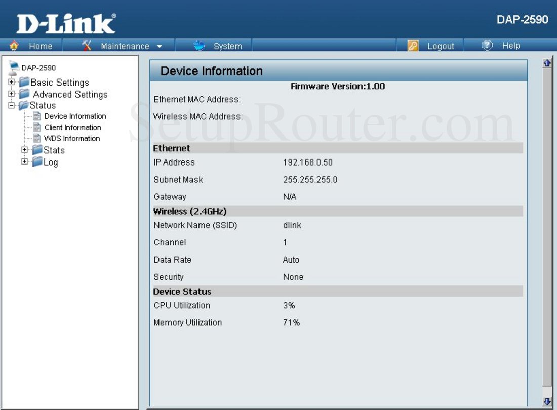 Dlink DAP-2590 Screenshot Device Information