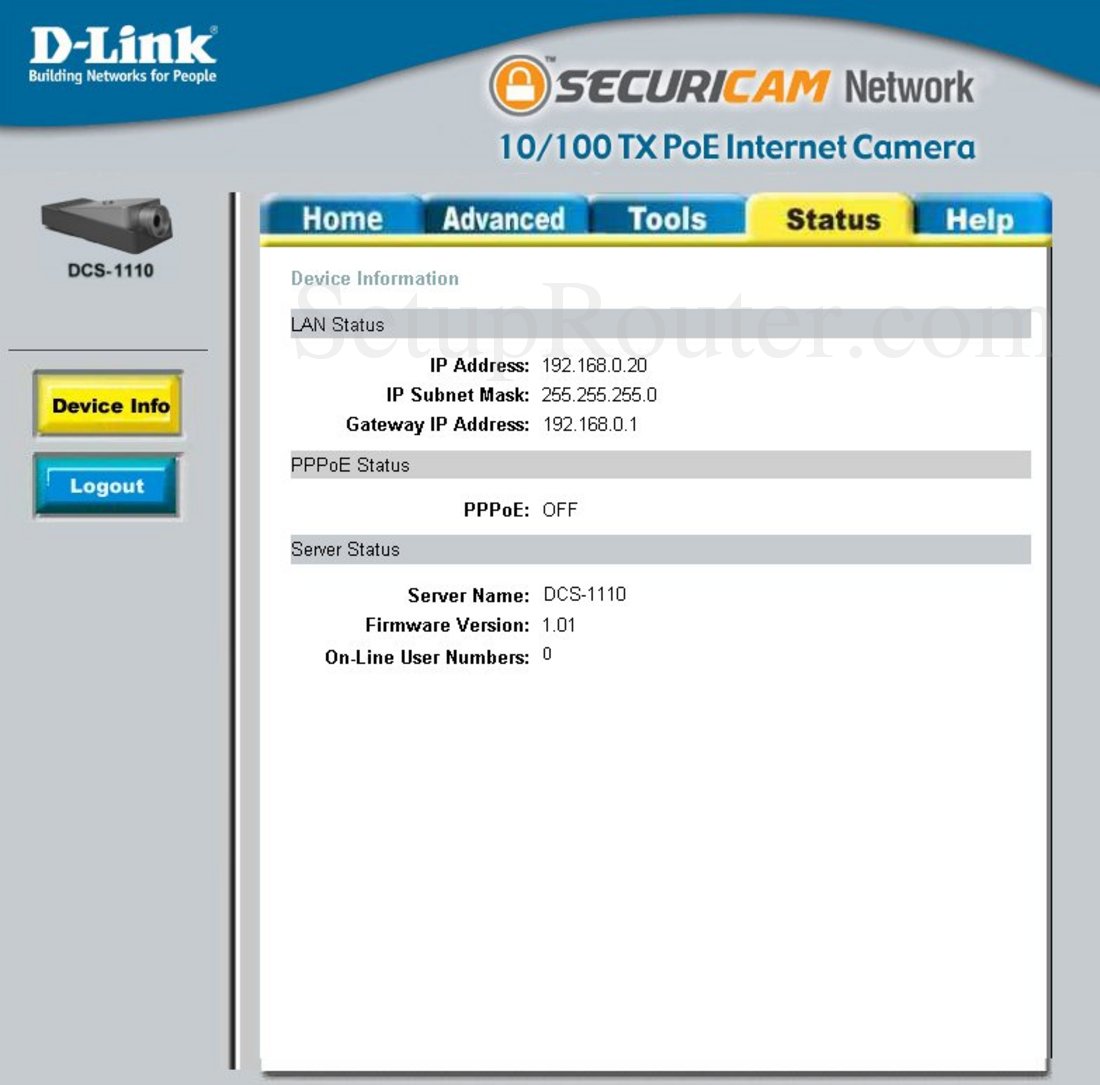 Dlink DCS-1110 Screenshot Device Information