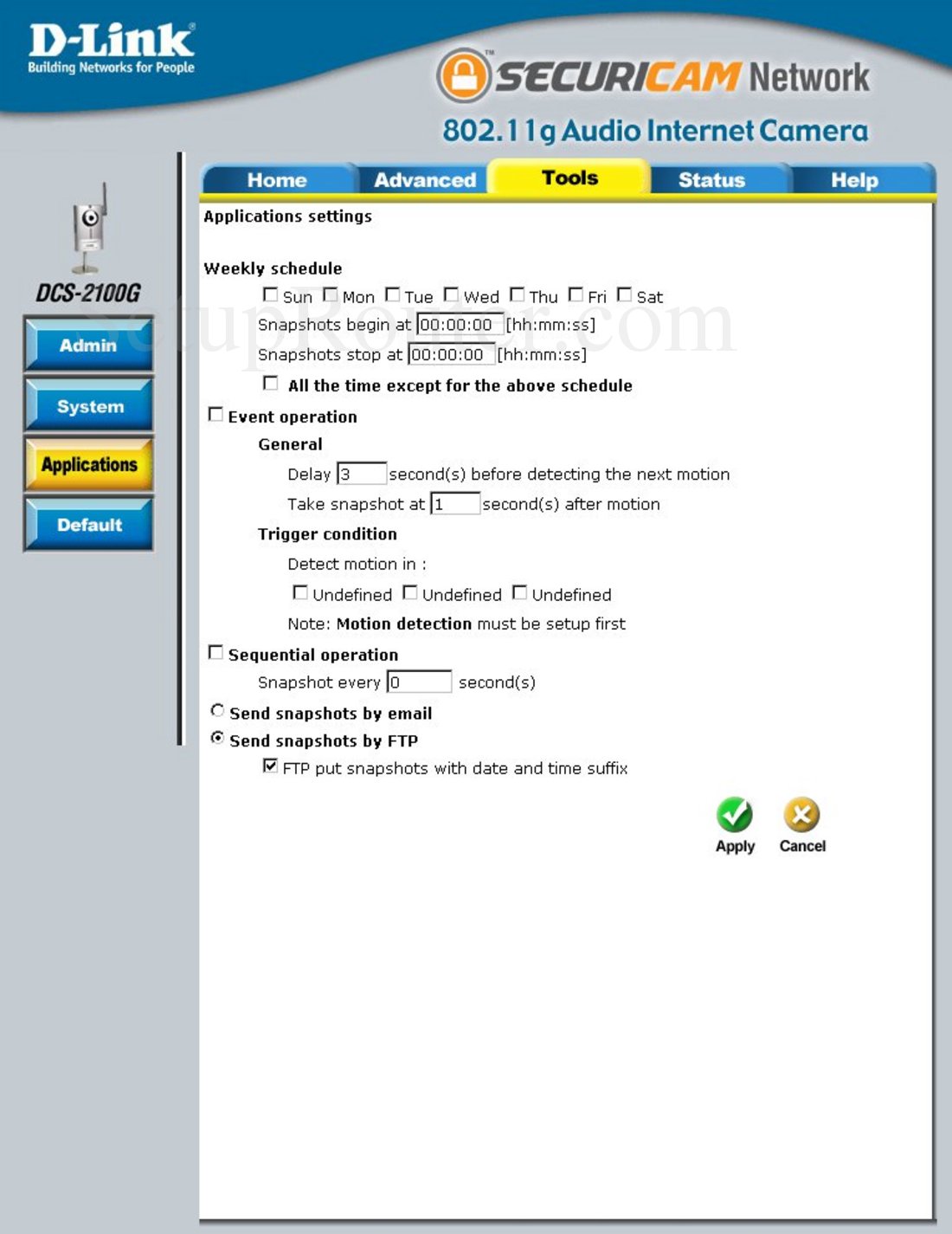 Dlink DCS-2100G Screenshot Applications Settings