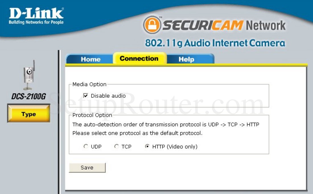 Dlink DCS-2100G Screenshot Connection Type