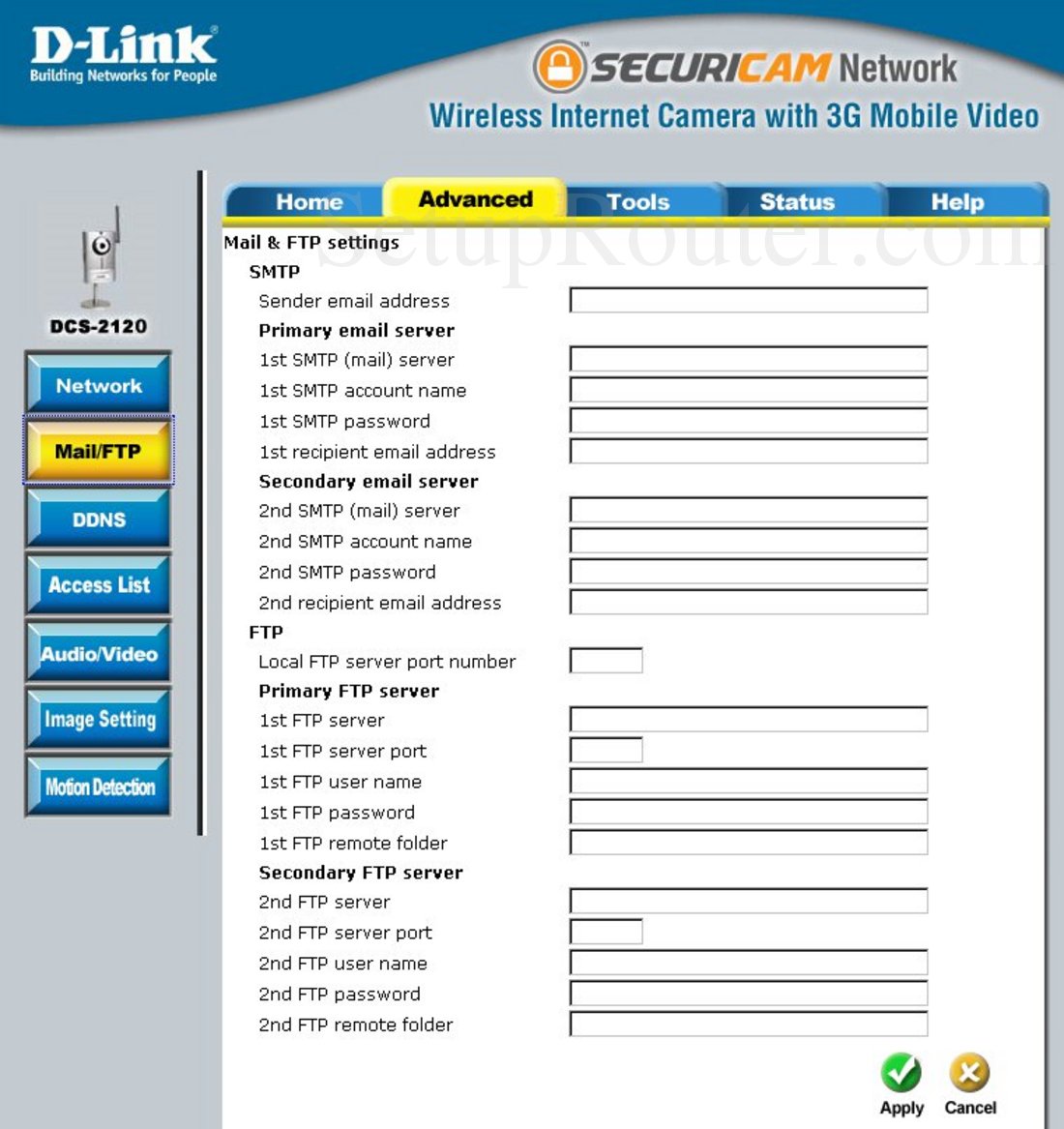 Dlink DCS2120 Screenshot Mail and FTP Settings