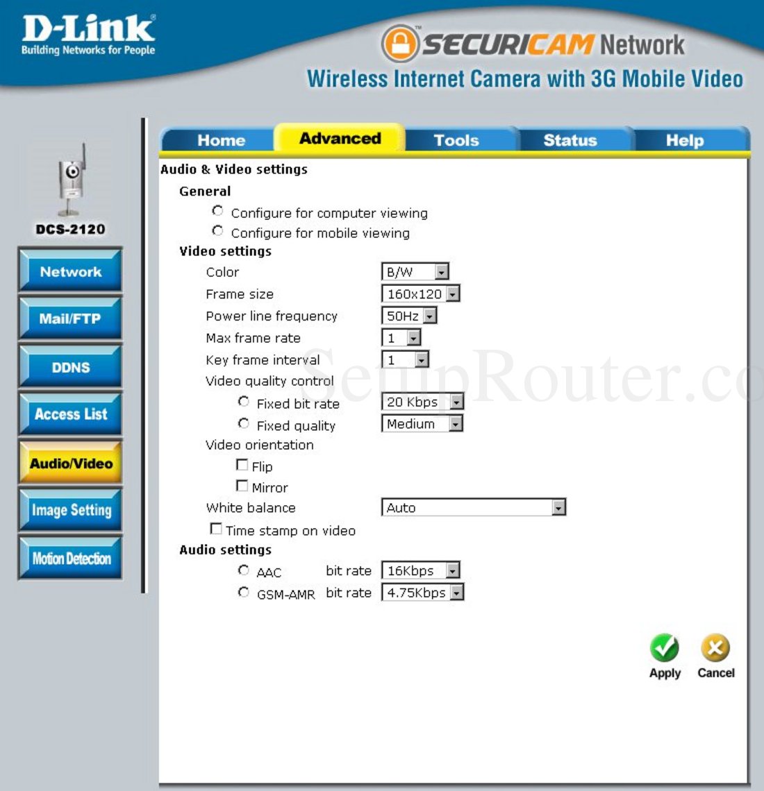 Dlink DCS-2120 Screenshot Audio and Video Settings