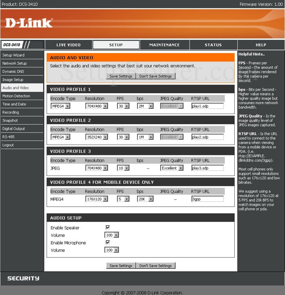 Dlink DCS-3410 Screenshot Audio and Video