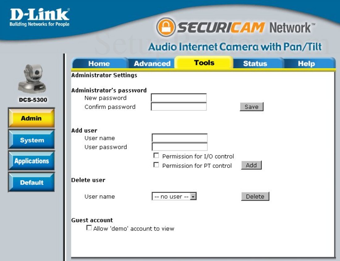 Dlink DCS-5300 Screenshot Admin Settings