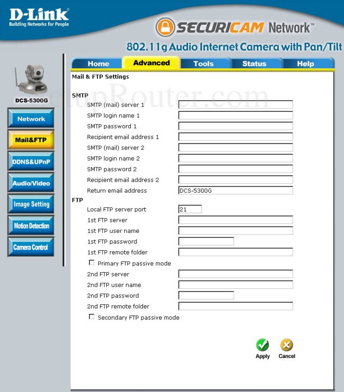 Dlink DCS5300G Screenshot Mail and FTP Settings