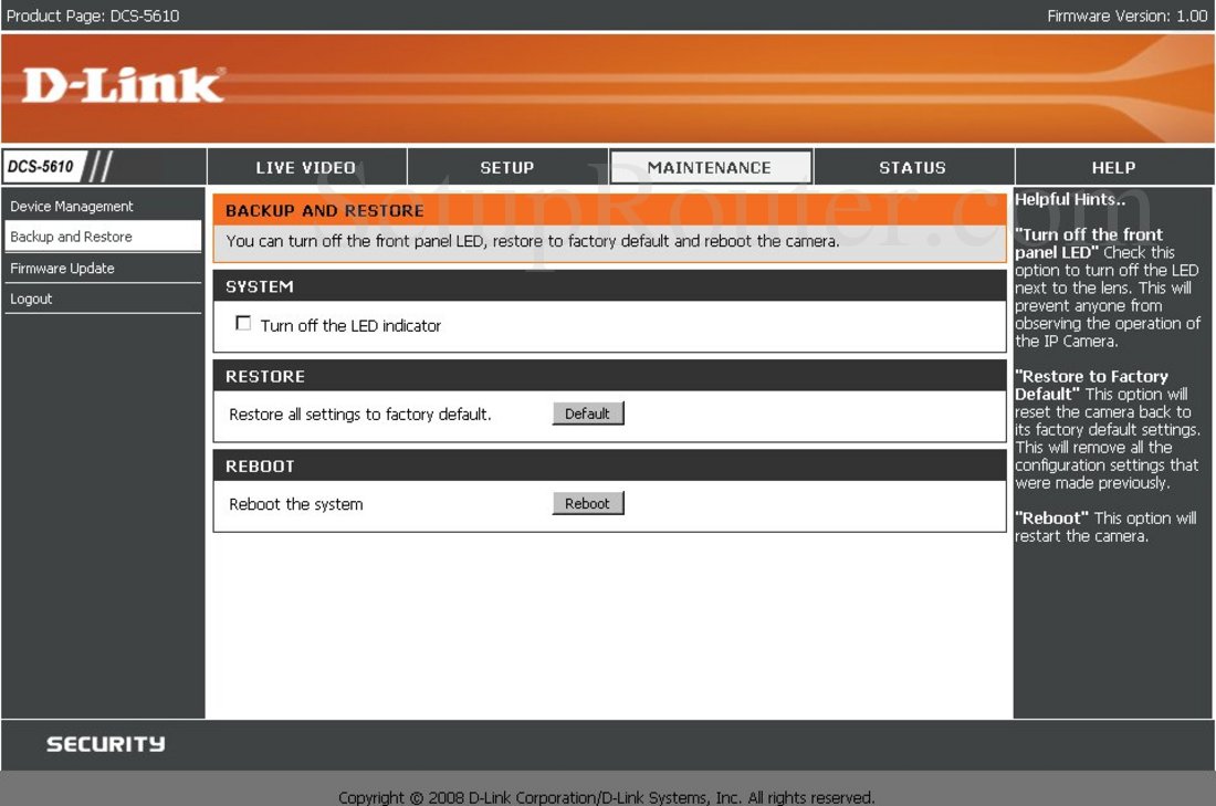 Dlink DCS-5610 Screenshot Backup and Restore