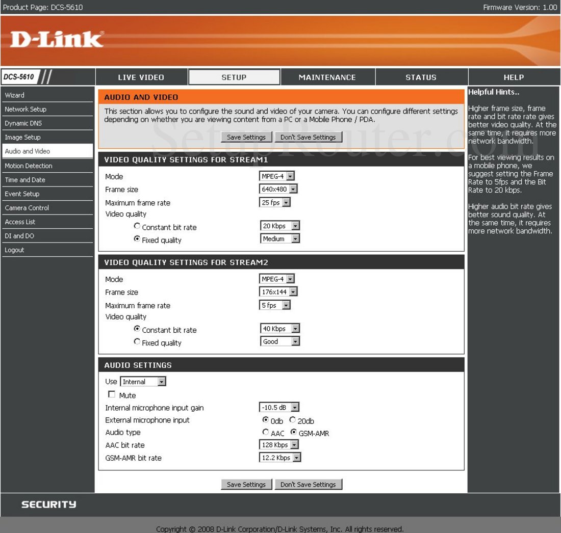Dlink DCS-5610 Screenshot Audio and Video