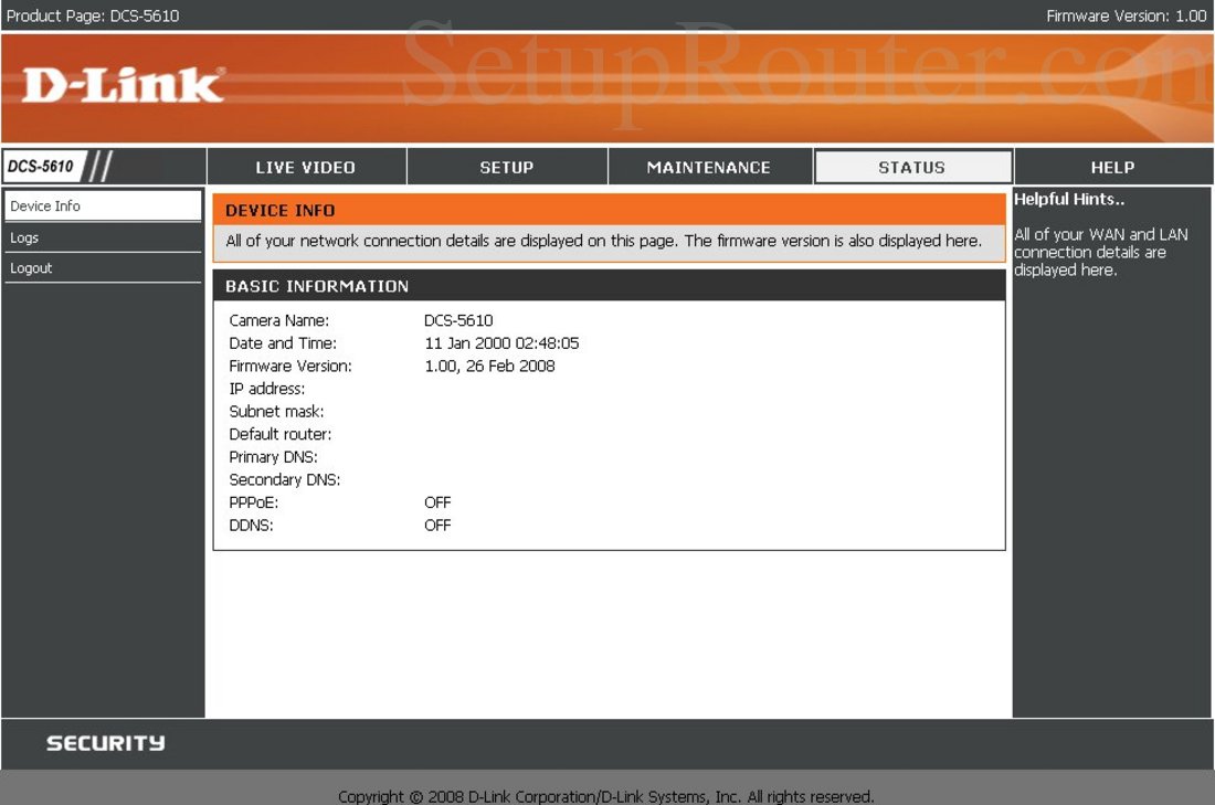 Dlink DCS-5610 Screenshot Device Information