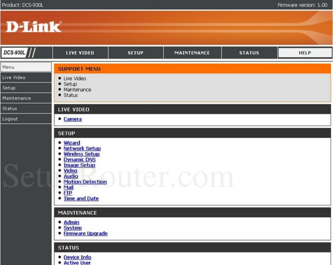 Dlink DCS-930L Screenshot Support Menu