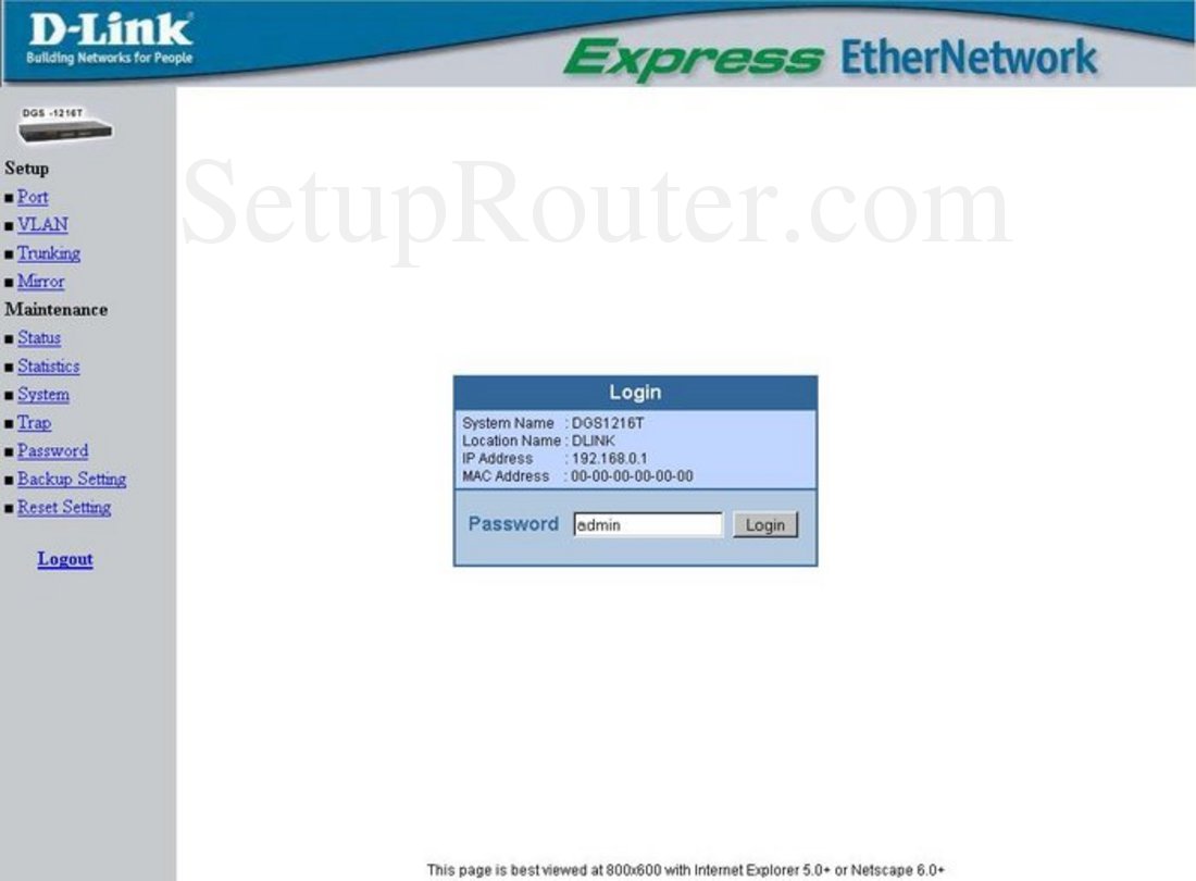 Dlink DGS1216T Screenshot Login