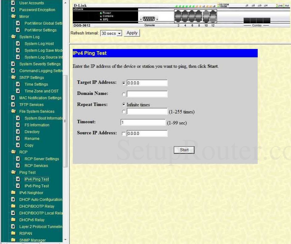 Dlink DGS-3612 Screenshot IPv4 Ping Test