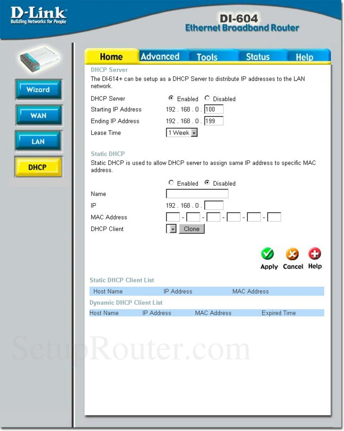 Keywords on The Dlink DI-604 DHCP Server Screenshot