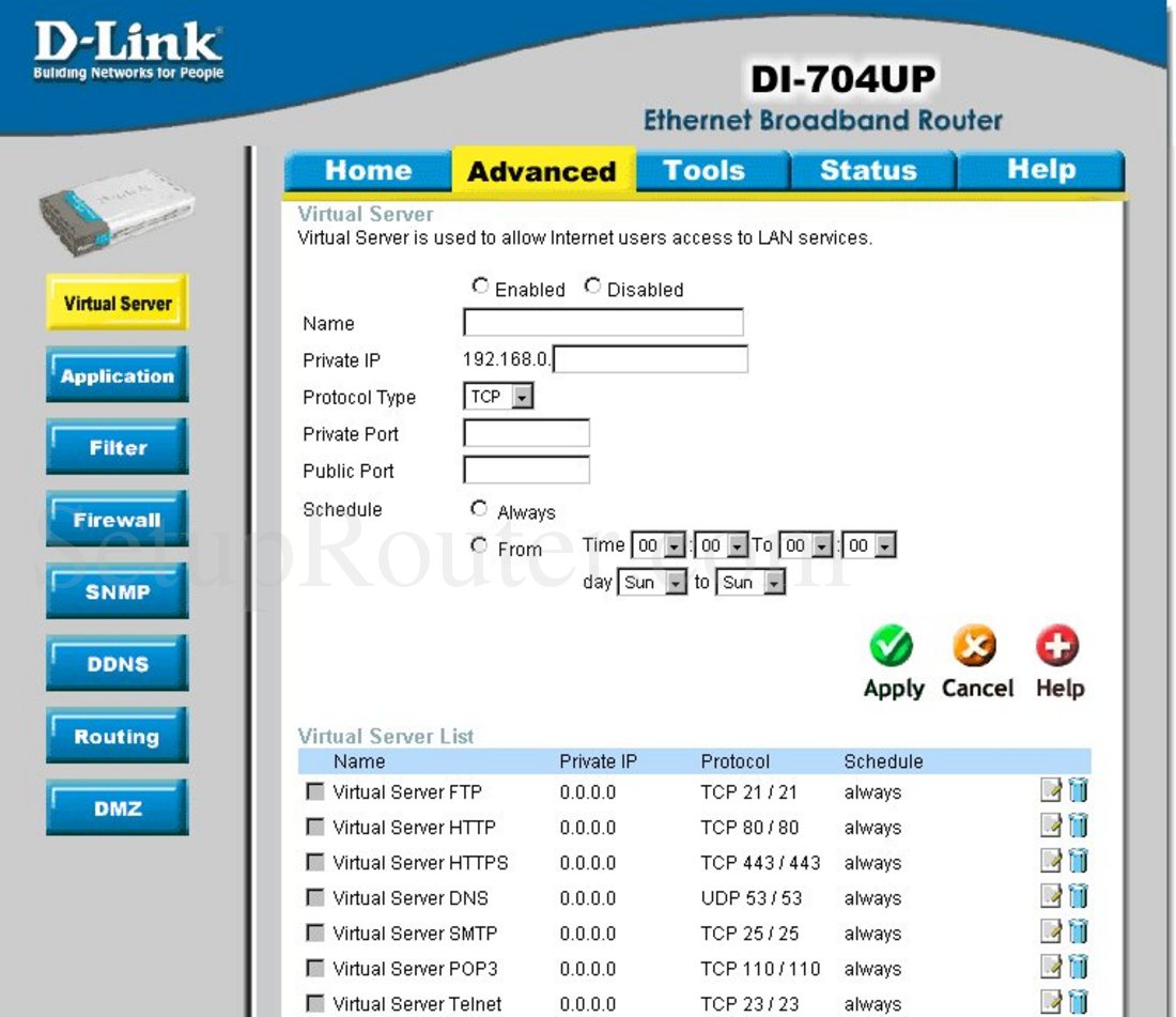 Dlink DI704UP Screenshot Virtual Server