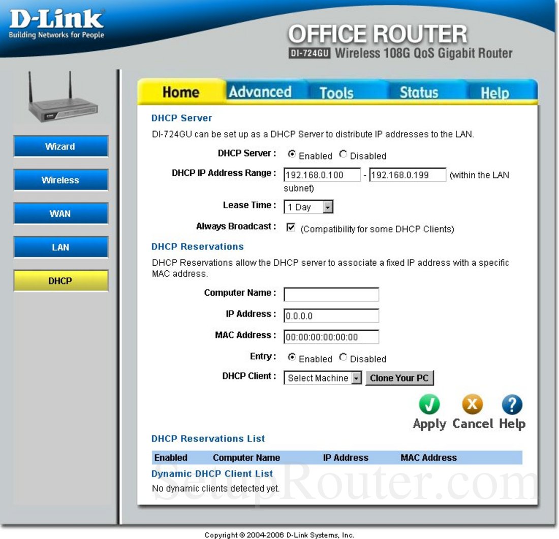 Dlink DI-724GU Screenshot DHCP Server