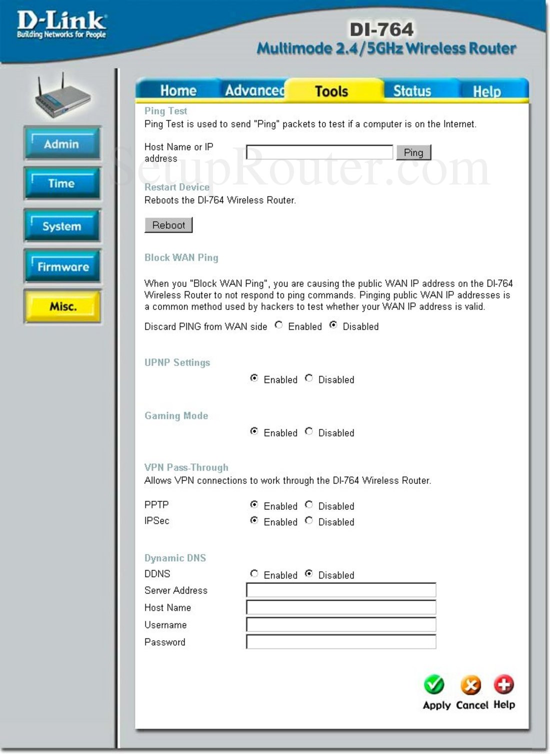 Dlink DI-764 Screenshot Misc. Tools